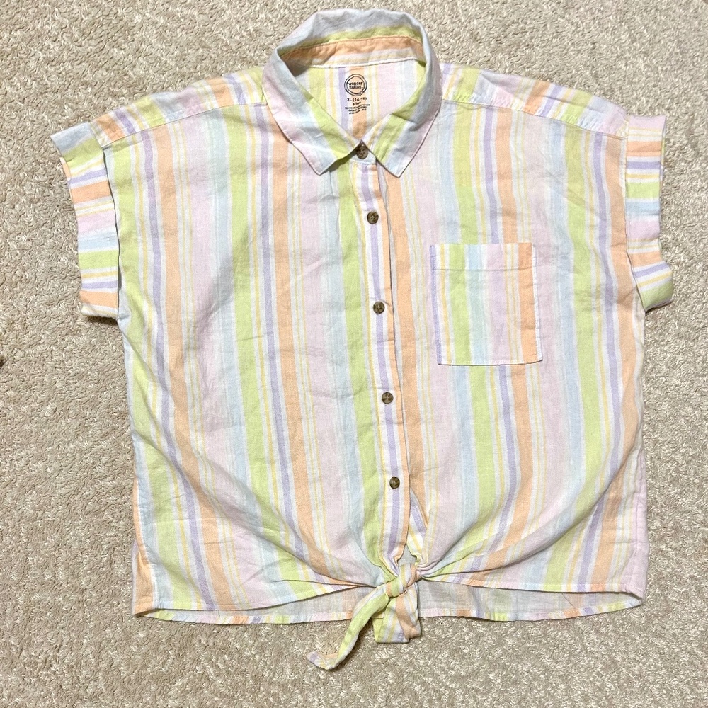 Neon striped button-down w/ tie front